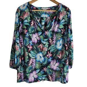 Tommy Bahama Tropical Floral Blouse - Blue, Pink, Green
